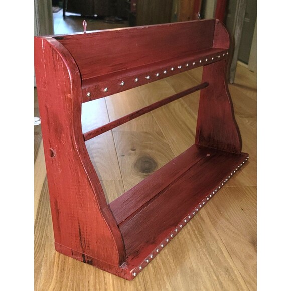 Solid hardwood Shelf  2-level a Hanging Dowel Barn Red w silver tac accents 2' W - Picture 1 of 16